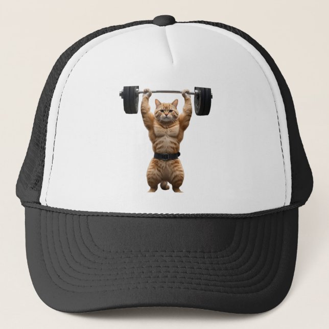Funny Gym Cat Trucker Hat – Muscular Cat Cap Keps (Framsida)