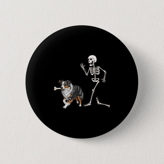 Funny Halloween Australian shepherd och Skeleton Knapp (Framsida)