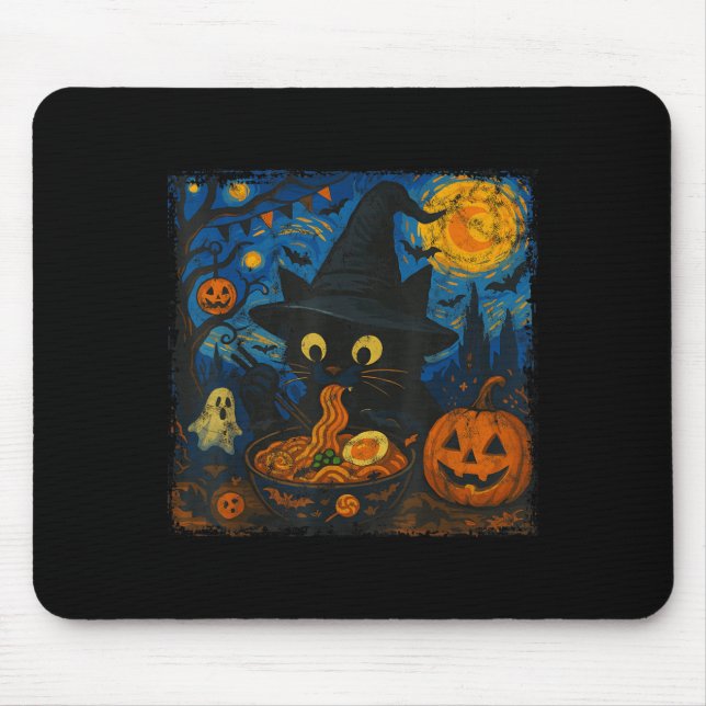 Funny Halloween Black Cat Eating Ramen Starry Nigh Musmatta (Framsidan)