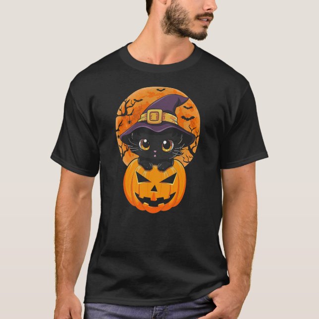 Funny Halloween Black Cat Pumpkin Witch Hat Moon C T Shirt (Framsida)