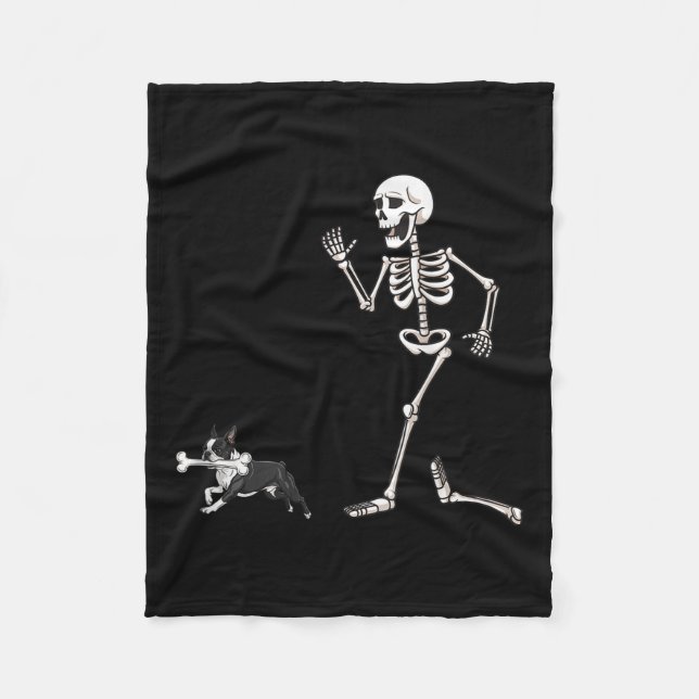 Funny Halloween Boston Terrier och Skeleton Fleecefilt (Framsidan)
