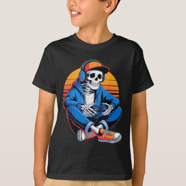 Funny Halloween Boys Manar Kids Skeleton Video Gam T Shirt (Framsida)