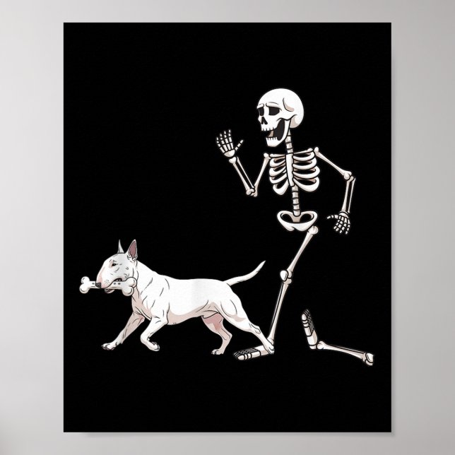 Funny Halloween Bull Terrier och Skeleton Poster (Framsidan)