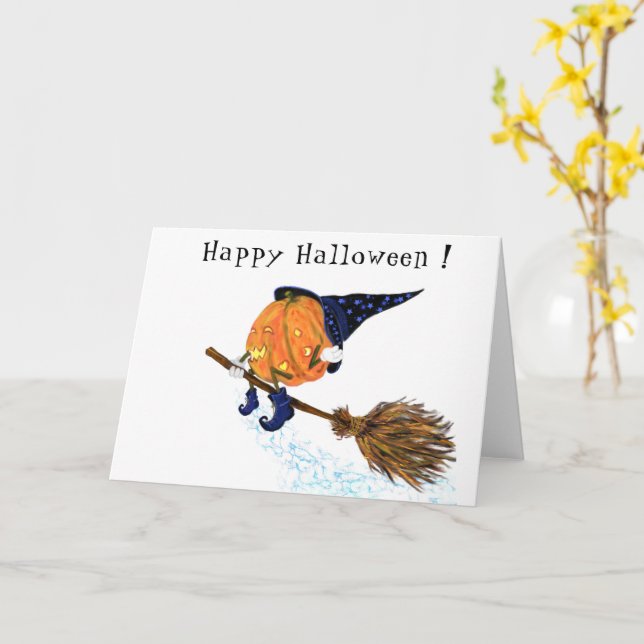 Funny Halloween Card Witch Pumpkin Flies Broom Kort (Gul blomma)