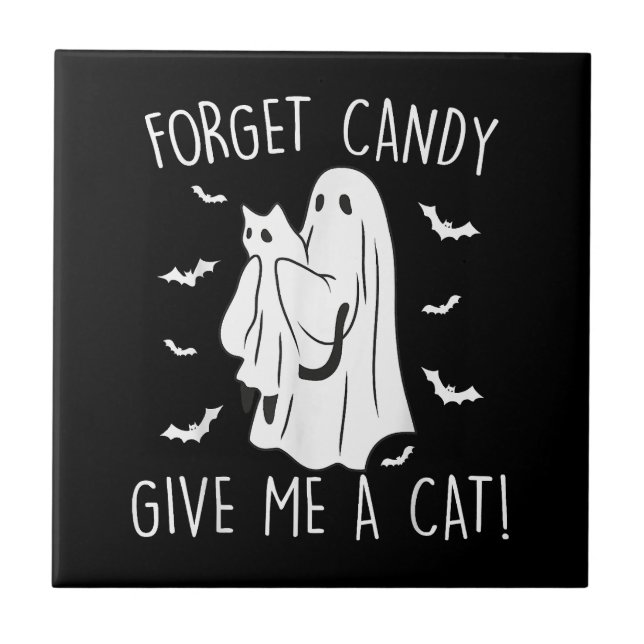 Funny Halloween Cat Ghost glömmer Candy Ge Me Cat Kakelplatta (Framsidan)