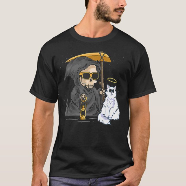 Funny Halloween Cat Grim Reaper Ghost Angle Kitten T Shirt (Framsida)