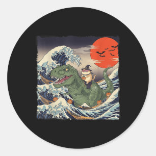 Funny Halloween Cat Riding Dinosaur Spooky Ukiyo-e Runt Klistermärke
