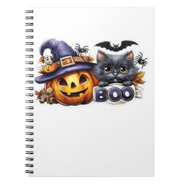 Funny Halloween Cat Sticker - Witch Hat, Pumpkin a Anteckningsbok (Framsidan)