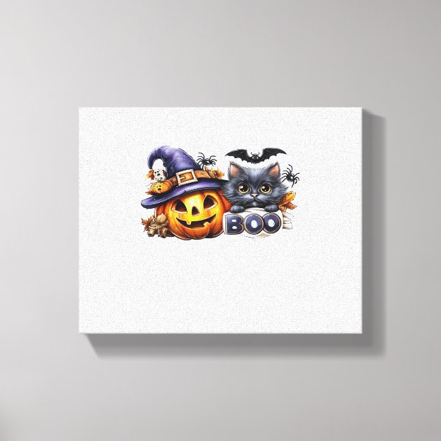 Funny Halloween Cat Sticker - Witch Hat, Pumpkin a Canvastryck (Framsida)