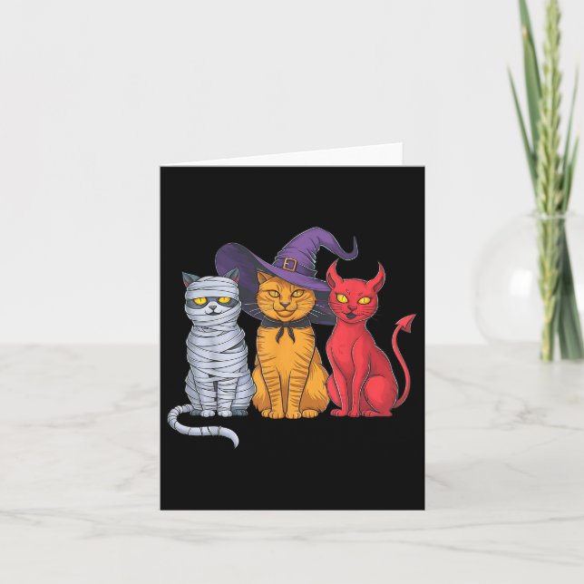 Funny Halloween Cat Trio Costume Witch Mummy Djävu Kort (Framsida)