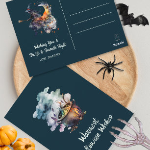 Funny Halloween Cauldron Flies Broom Basic Witch Vykort