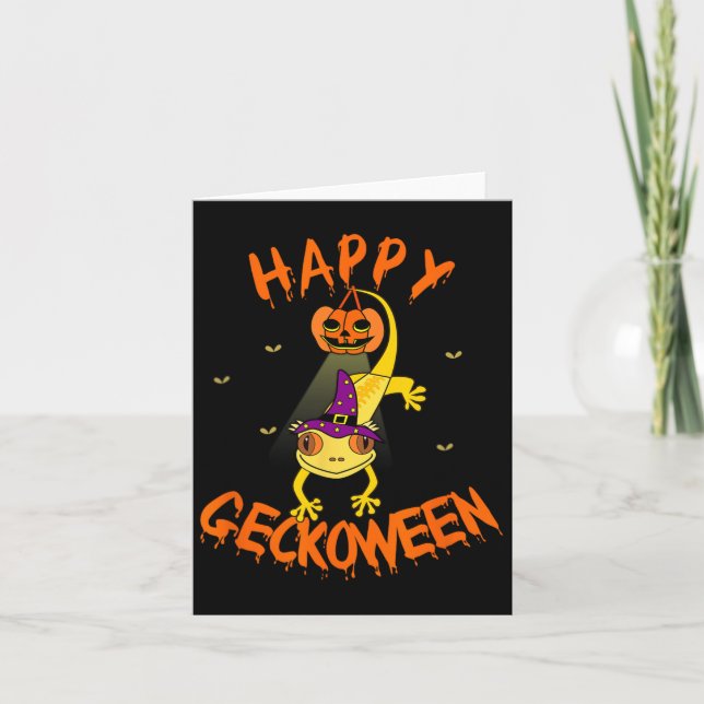 Funny Halloween Cute Crested Eyelash Gecko Pumpkin Kort (Framsida)