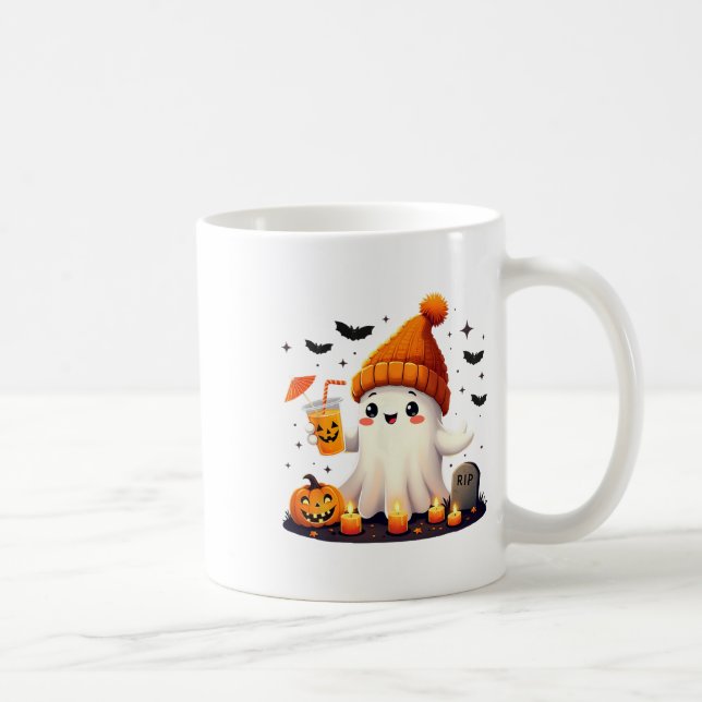 Funny Halloween Cute Ghost Drinking Ice Coffee Wom Kaffemugg (Höger)