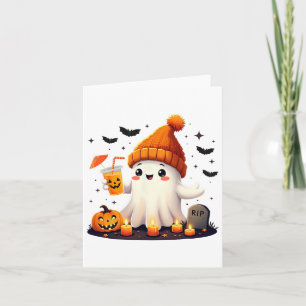 Funny Halloween Cute Ghost Drinking Ice Coffee Wom Kort