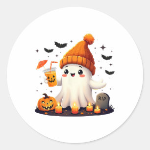 Funny Halloween Cute Ghost Drinking Ice Coffee Wom Runt Klistermärke