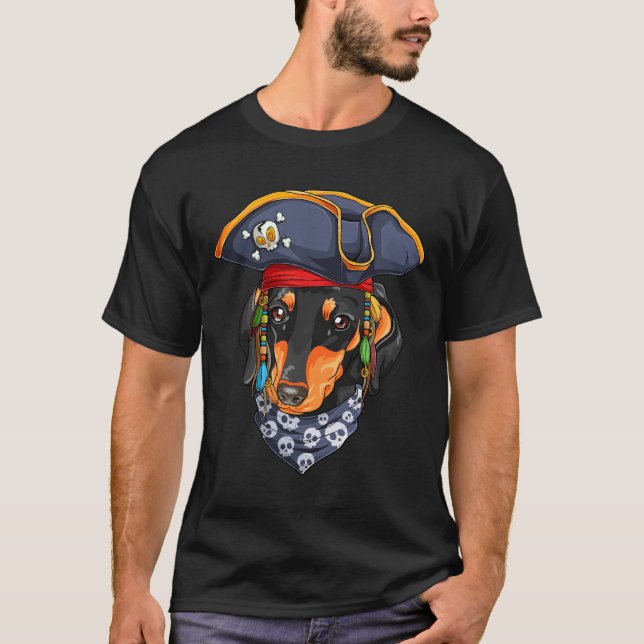 Funny Halloween Dachshund Costume Scary Pirat Hat T Shirt (Framsida)