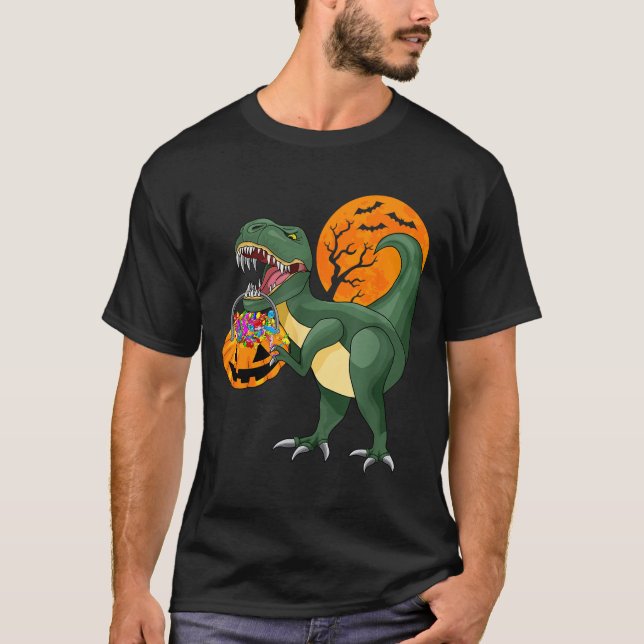 Funny Halloween Dinosaur Pumpkin Y T Rex Boys Kids Shirt (Framsida)