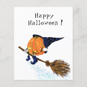 Funny Halloween Flyer Witch Pumpkin Flies Broom
