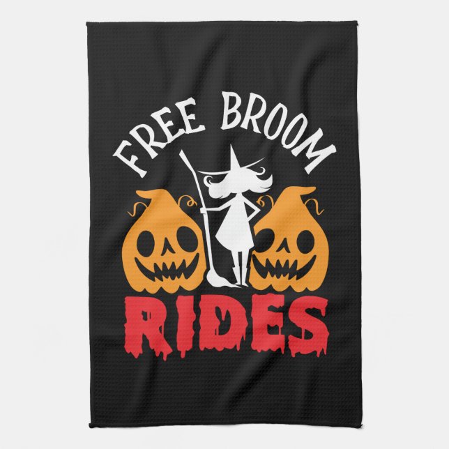 Funny Halloween Free Broom Rides Witch Pumpkins Kökshandduk (Vertikal)