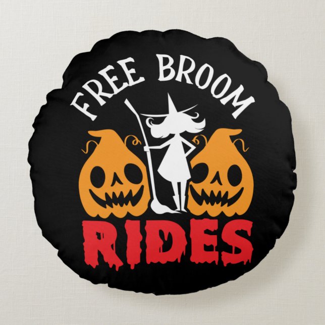 Funny Halloween Free Broom Rides Witch Pumpkins Rund Kudde (Framsidan)