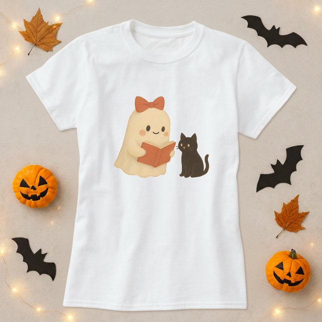 Funny Halloween Ghost Cat Reading T Shirt (Skapare uppladdad)