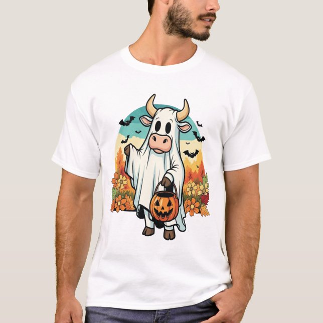Funny Halloween Ghost Cow T Shirt (Framsida)