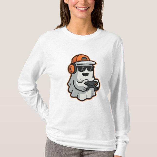 Funny Halloween Ghost Gamer Pixel Video T-Shirt (Framsida)