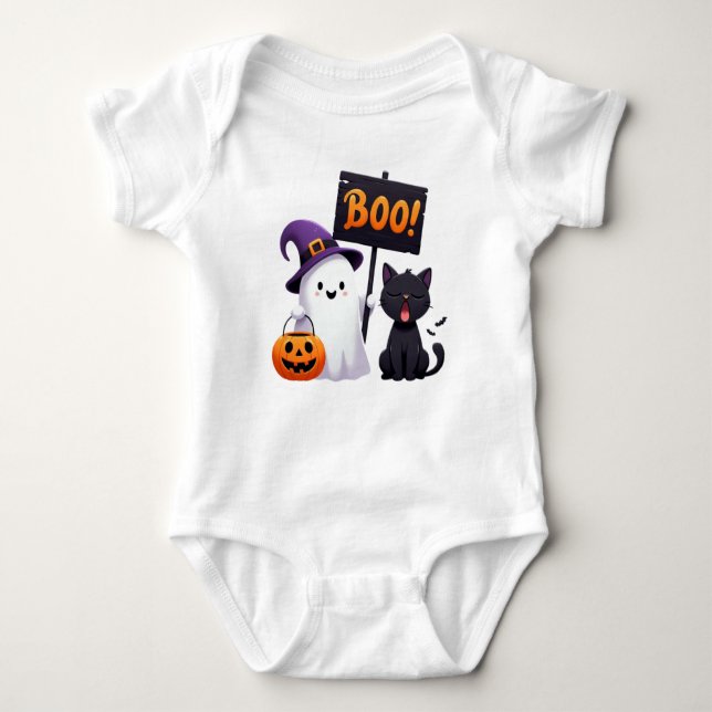 Funny Halloween Ghost och Oimponerad Cat Tecknad T Shirt (Framsida)