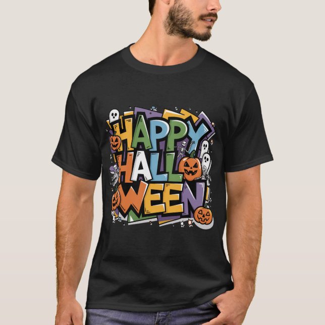 Funny Halloween Graffiti Art med färgstark text T Shirt (Framsida)
