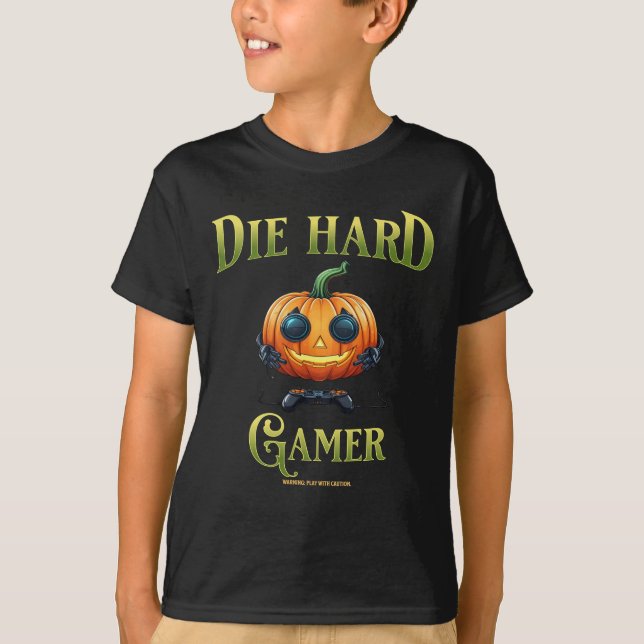 Funny Halloween Jack o lantern, Gamer Kid v2 T Shirt (Framsida)