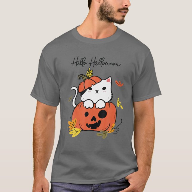 Funny Halloween Jack-O-Lantern Pumpkin Cat Fullt M T Shirt (Framsida)