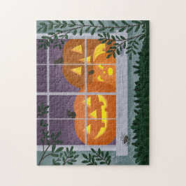 Funny Halloween Jack-o'-lanternor i Window Pussel