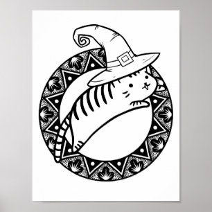 Funny Halloween-Jumping Cat Coloring Page Poster