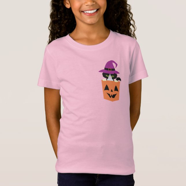 Funny Halloween Kids Tee, Black Cat Witch Pocket T Shirt (Framsida)