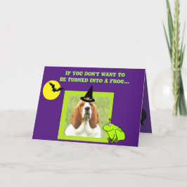 Funny Halloween-kort med cute Basset, Fladdermus o Kort