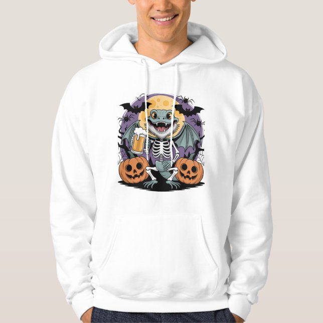 Funny Halloween Lizard Skeleton med Beer Hoodie (Framsida)