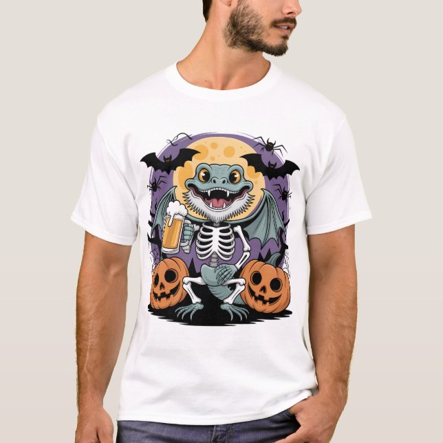 Funny Halloween Lizard Skeleton med Beer T Shirt (Framsida)