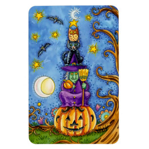 Funny Halloween Magnet med Pumpkin, Witch Cat Uggl