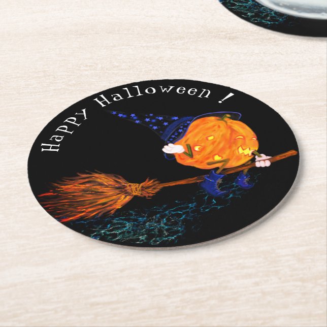 Funny Halloween Papper Underlägg Witch Pumpkin Fli Rund (Vinklad)