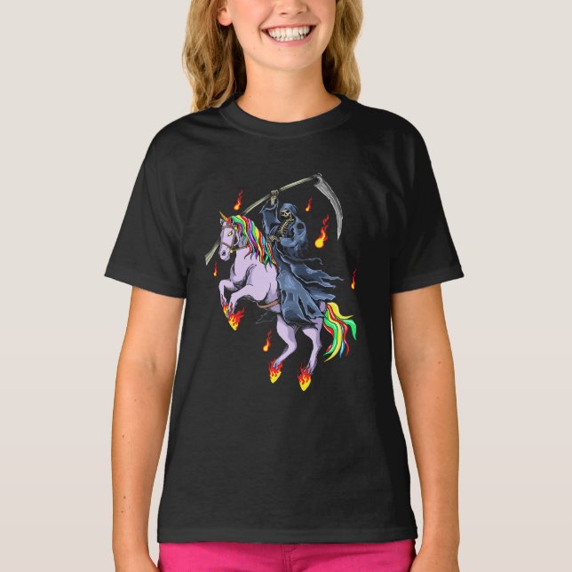 Funny Halloween Reaper rides Unicorn T Shirt (Framsida)