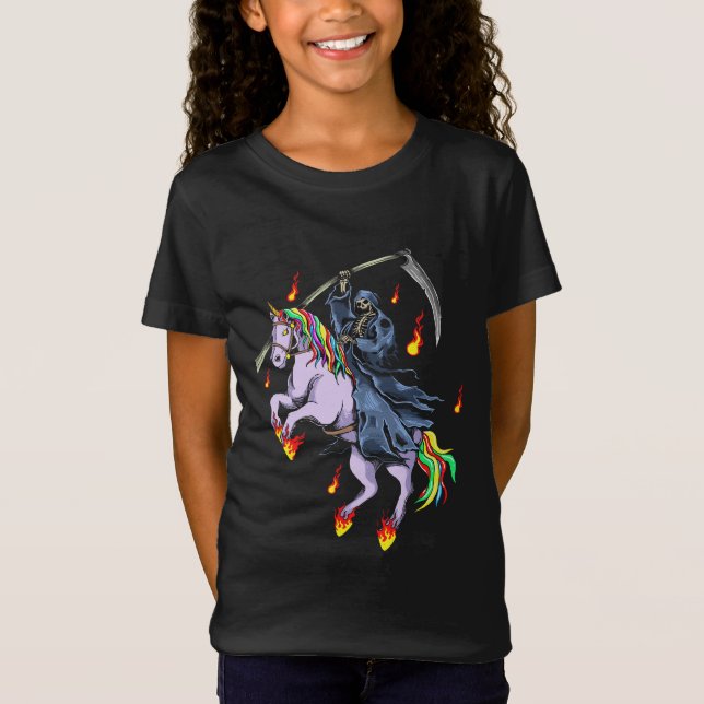 Funny Halloween Reaper rides Unicorn T Shirt (Framsida)