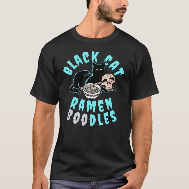 Funny Halloween S Black Cat Ramen Boodles T Shirt (Framsida)