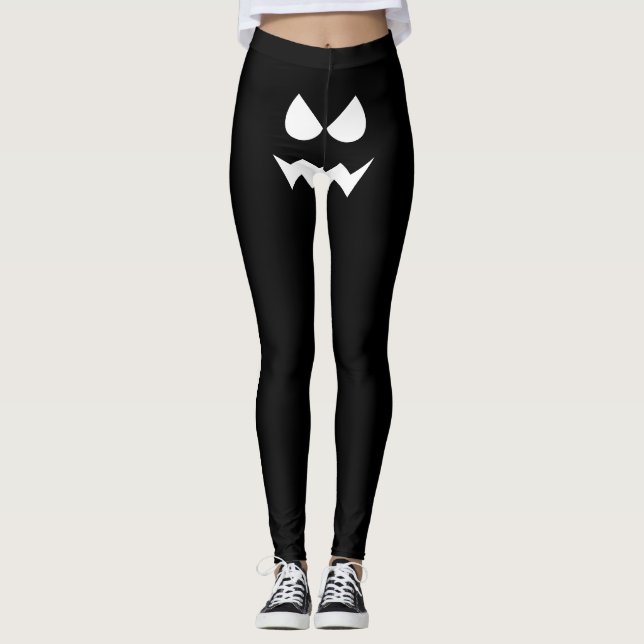 Funny Halloween Scary Pumpkin Ansikte Black White Leggings (Framsida)