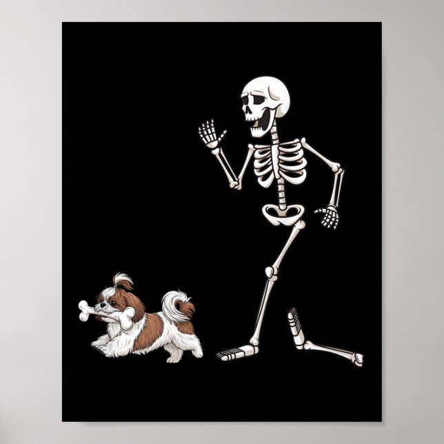 Funny Halloween Shih Tzu och Skeleton Poster (Framsidan)