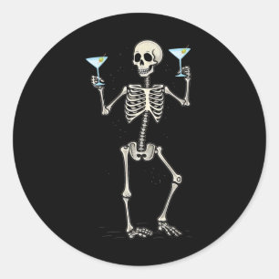 Funny Halloween Skeleton Drinking Martini Svan Runt Klistermärke
