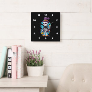 Funny Halloween Skeleton med Top hat Fyrkantig Klocka