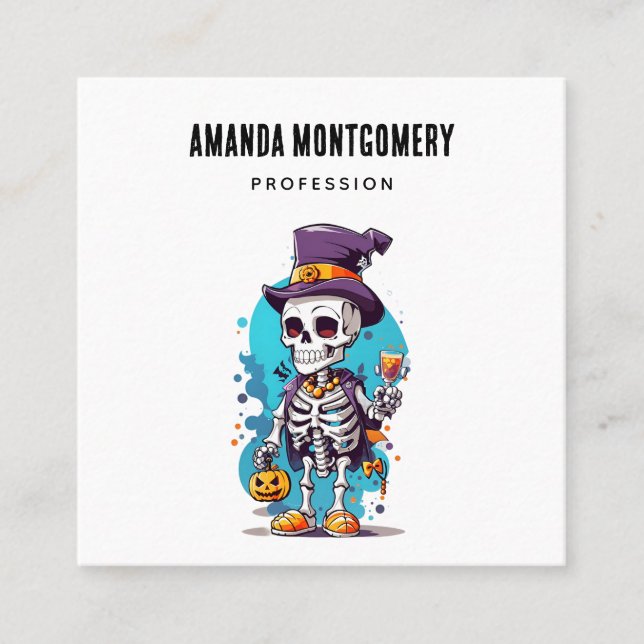 Funny Halloween Skeleton med Top hat Fyrkantigt Visitkort (Framsida)