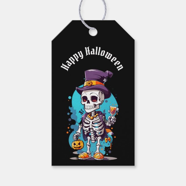 Funny Halloween Skeleton med Top hat Presentetikett (Framsidan)