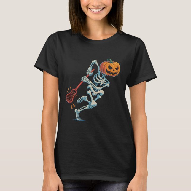 Funny Halloween Skeleton Pumpkin Lacrosse Spooky H T Shirt (Framsida)