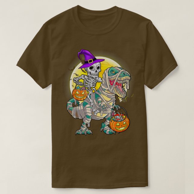 Funny Halloween Skeleton Riding Mummy Dinosaur T r Shirt (Design framsida)